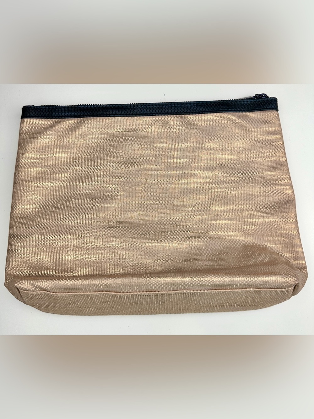 Lancôme Paris Rose Gold Metallic Cosmetic Bag Rhinestone Zipper Pull New